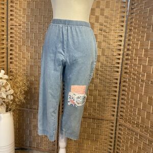 Light Wash Denim Cropped Capri Pants with Patchwork Cottagecore